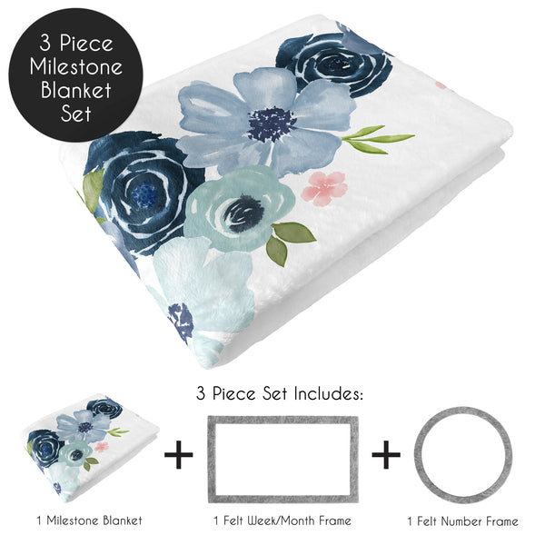 Watercolor Floral Navy Blue And Pink Monthly Milestone Baby Blanket alternate view
