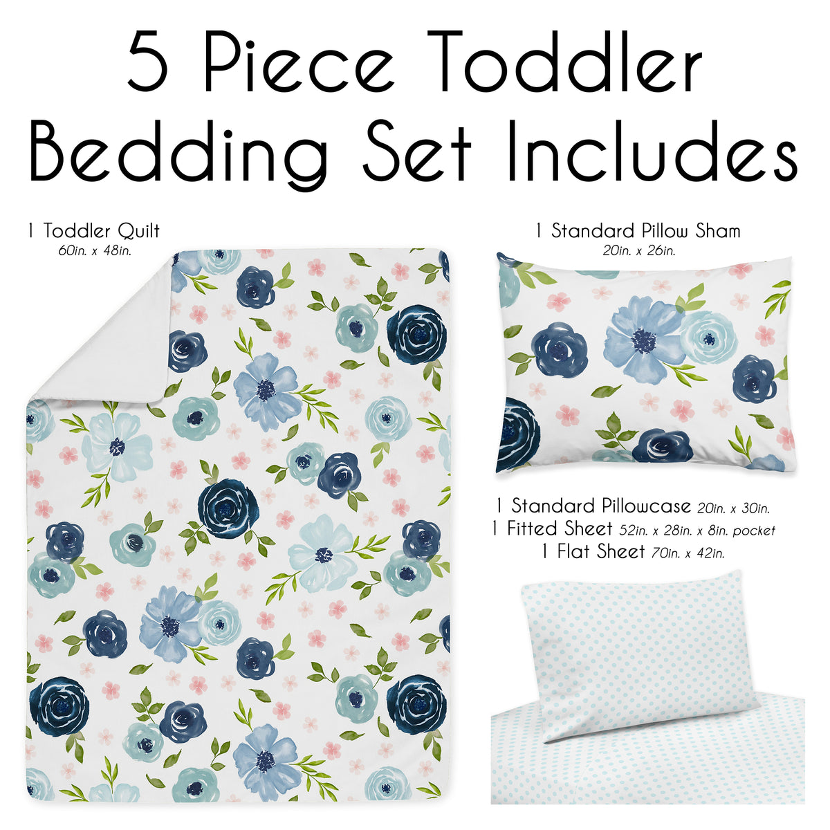 Watercolor Floral Navy Blue and Pink Collection Toddler Bedding