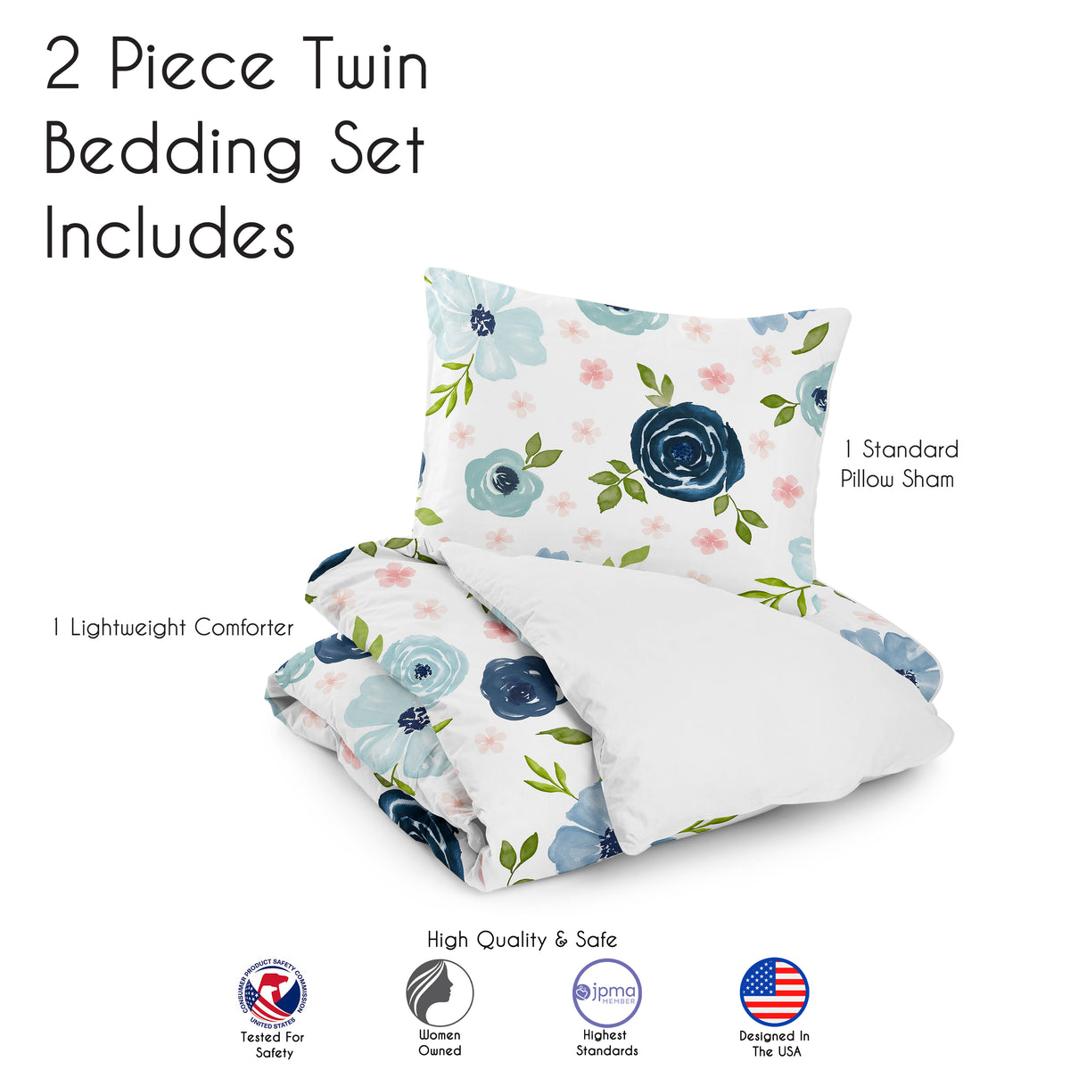 Watercolor Floral Navy Blue and Pink Collection Twin Bedding