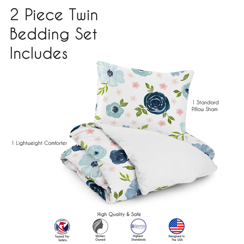 Watercolor Floral Navy Blue and Pink Collection Twin Bedding