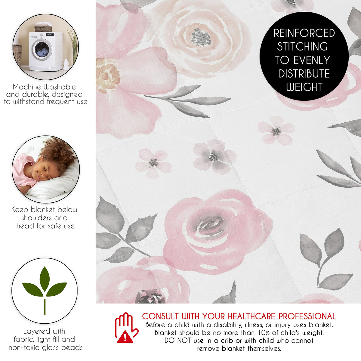 Watercolor Floral Pink and Grey Collection Toddler 5lbs Weighted Blanket for Kids