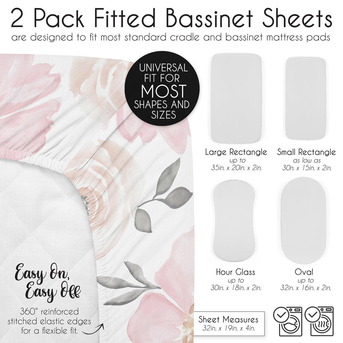 Watercolor Floral Pink and Grey Collection 2 Pack Baby Bassinet Fitted Sheets