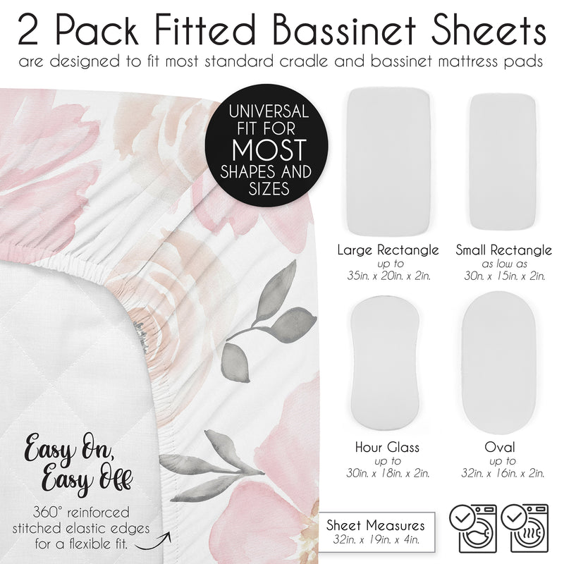 Watercolor Floral Pink and Grey Collection 2 Pack Baby Bassinet Fitted Sheets