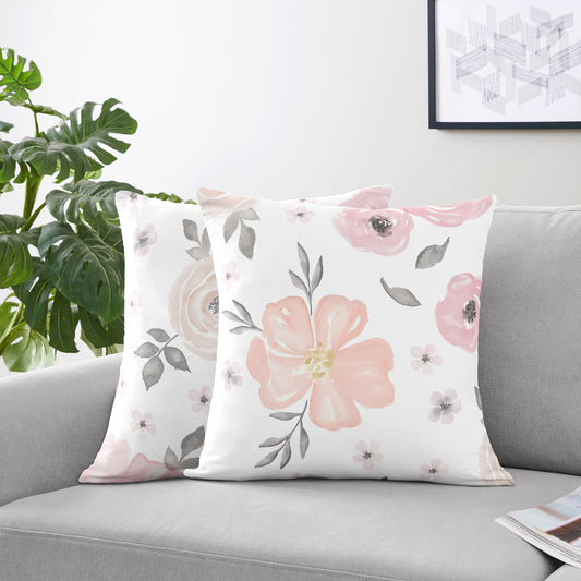 Watercolor Floral Pink and Grey Collection Decorative Accent Throw Pillow Covers - Set of 2