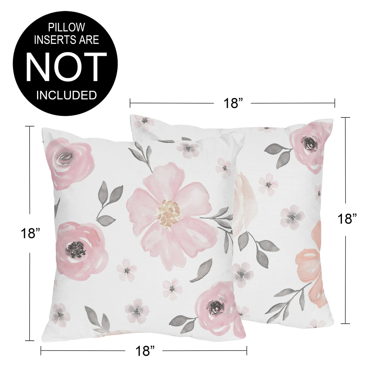 Watercolor Floral Pink and Grey Collection Decorative Accent Throw Pillow Covers - Set of 2