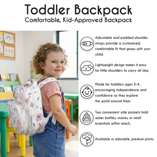 Watercolor Floral Pink and Grey Collection Small Toddler Backpack