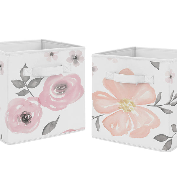 Watercolor Floral Pink and Grey Collection Foldable Fabric Storage Bins - Set of 2