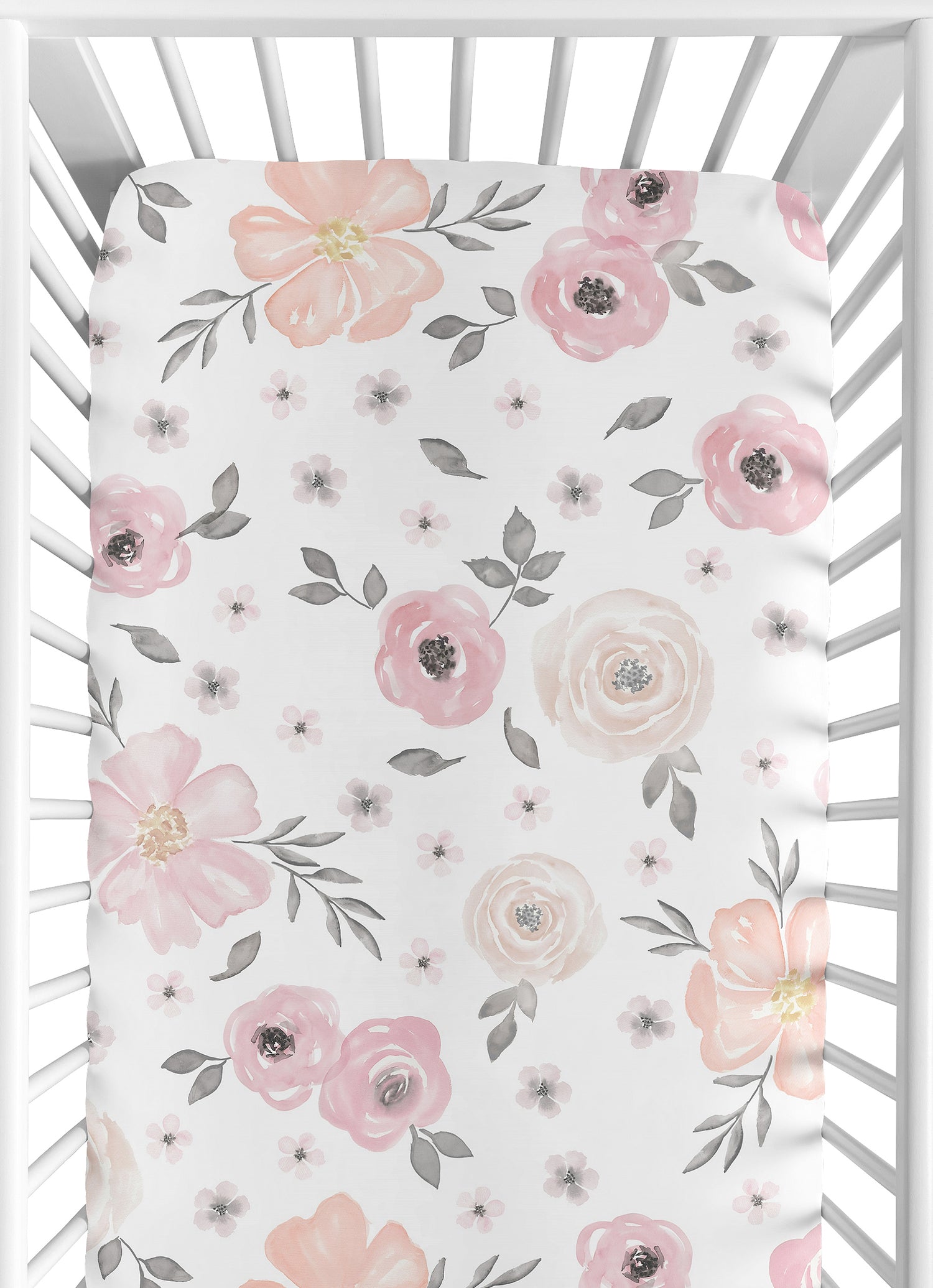 Watercolor Floral Pink and Grey Collection Crib Sheet