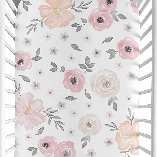 Watercolor Floral Pink and Grey Collection Cotton Crib Sheet - 100% Cotton