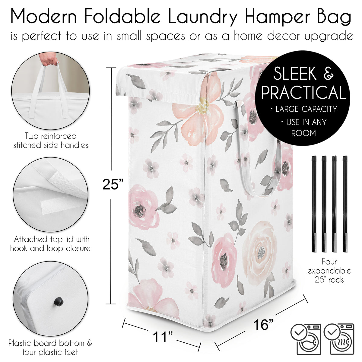 Watercolor Floral Pink And Grey Collection Laundry Hamper with Handles