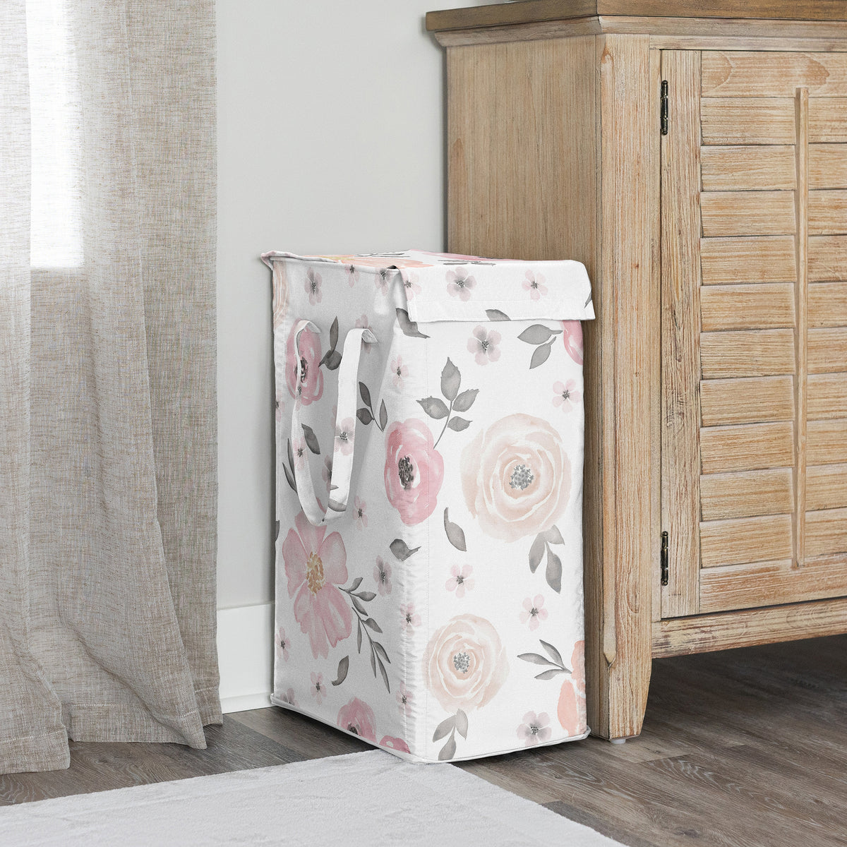 Watercolor Floral Pink And Grey Collection Laundry Hamper with Handles