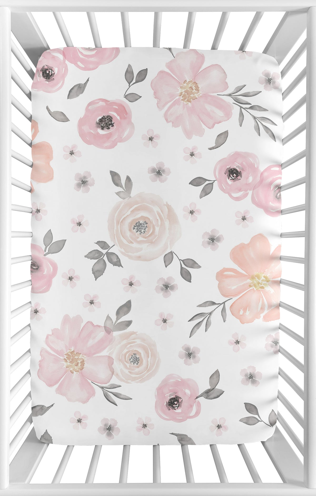 Watercolor Floral Pink And Grey Collection Mini Crib Sheet