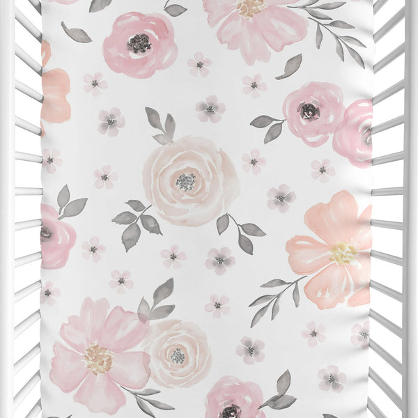 Watercolor Floral Pink And Grey Collection Mini Crib Sheet
