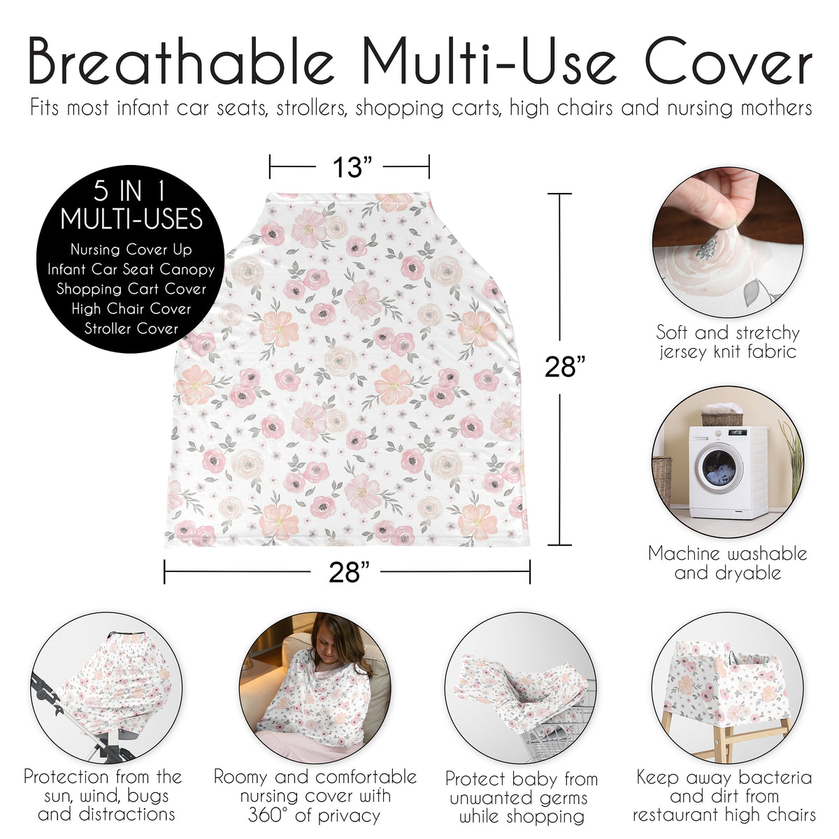 Watercolor Floral Pink and Grey Collection Multi Use Baby Car Seat and Nursing Cover