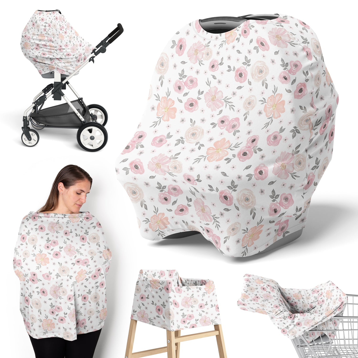 Watercolor Floral Pink and Grey Collection Multi Use Baby Car Seat and Nursing Cover