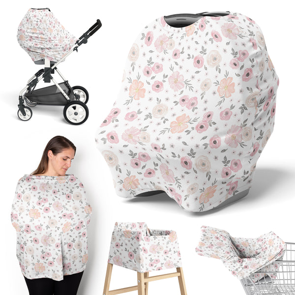 Watercolor Floral Pink and Grey Collection Multi Use Baby Car Seat and Nursing Cover