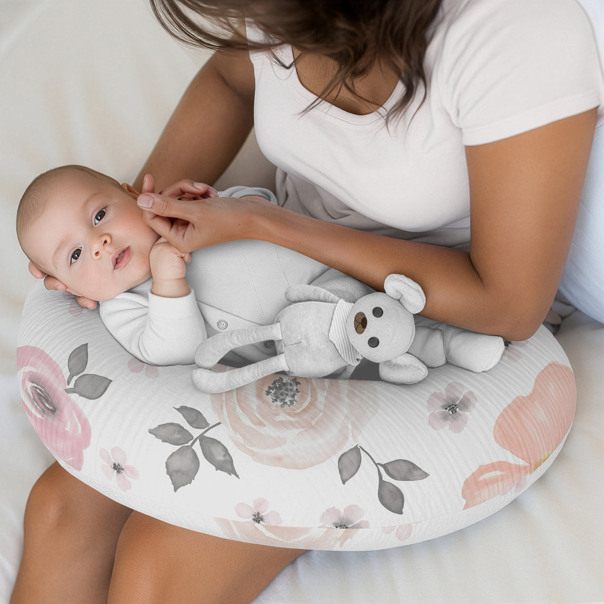 Watercolor Floral Pink and Grey Collection 2 Pack 100% Cotton Muslin Nursing Breastfeeding Pillow Cover Cases (Pillow Not Included)