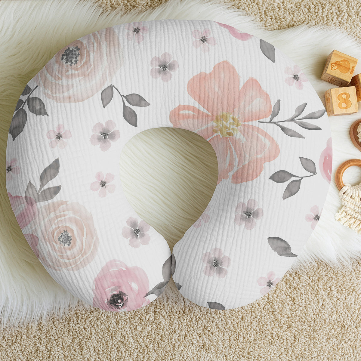 Watercolor Floral Pink and Grey Collection 100% Cotton Muslin Nursing Breastfeeding Pillow Cover Case (Pillow Not Included)