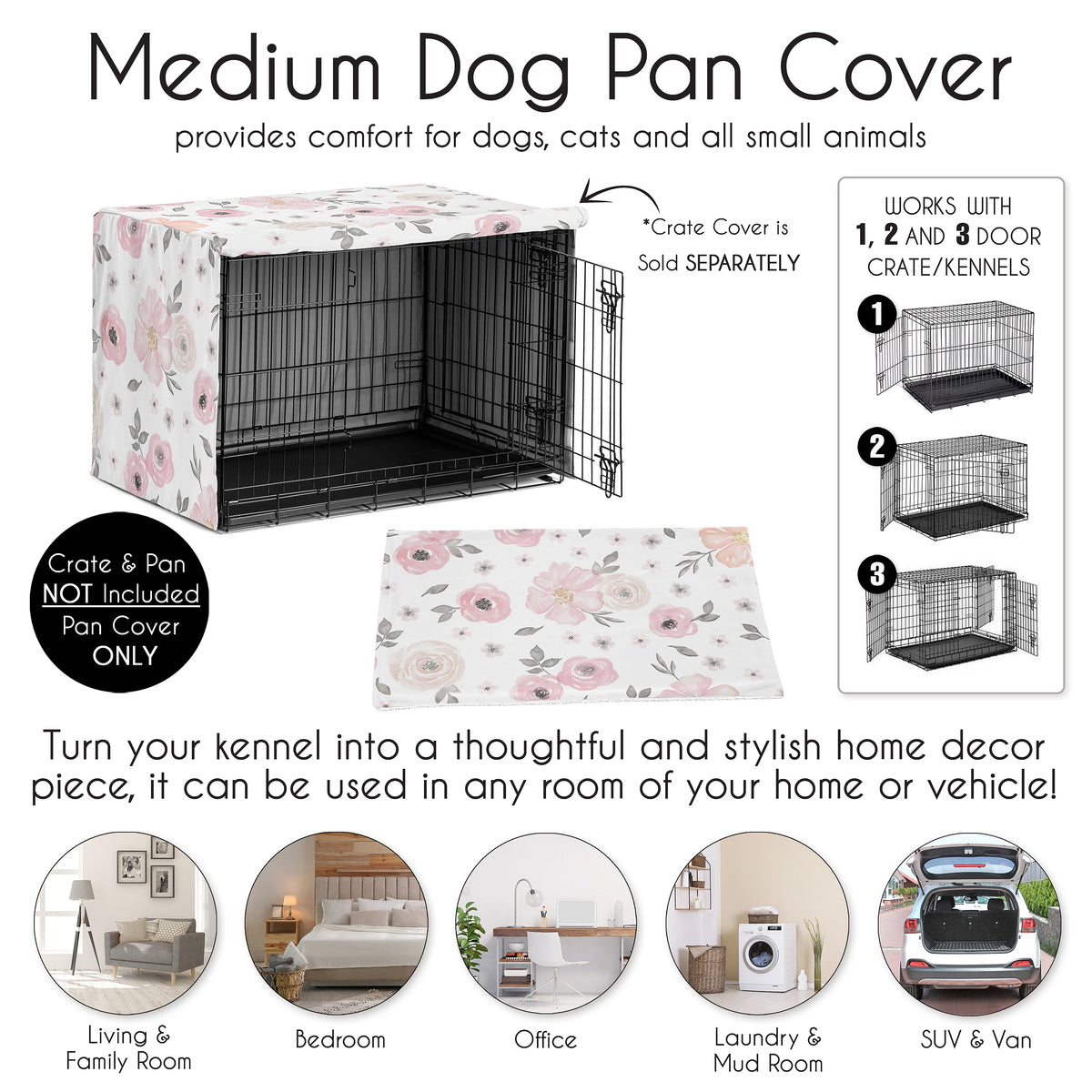 Watercolor Floral Pink and Grey Collection Dog Crate Bottom Tray Pan Cover 36in.