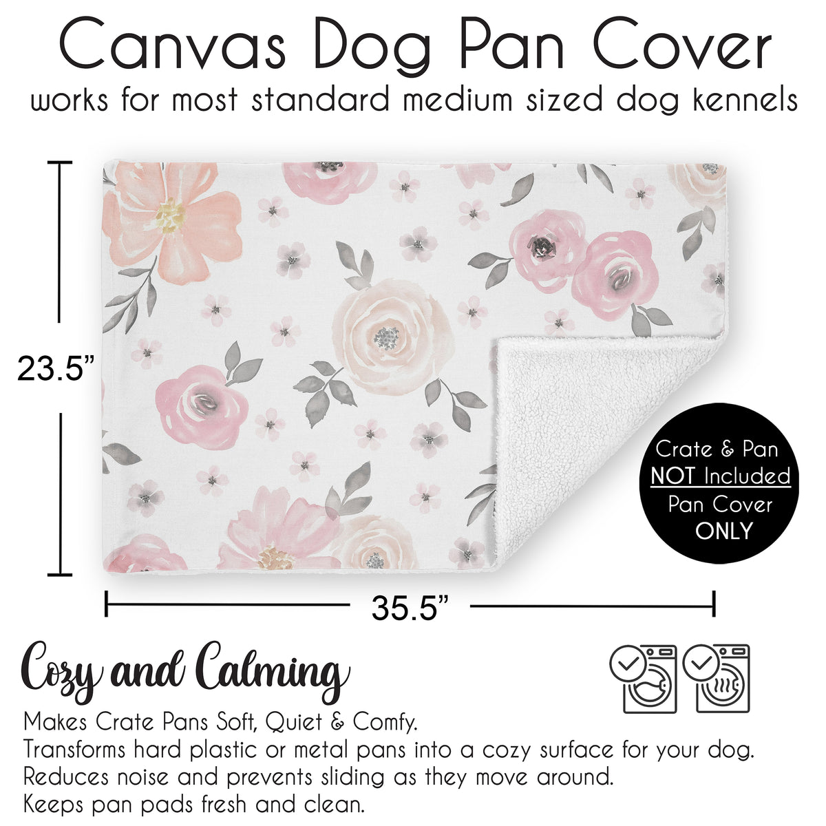 Watercolor Floral Pink and Grey Collection Dog Crate Bottom Tray Pan Cover 36in.