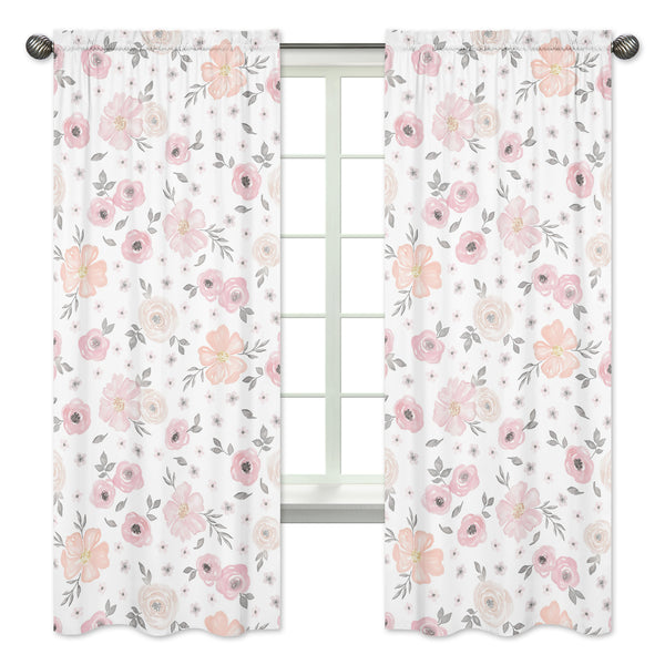 Watercolor Floral Pink and Grey Collection Window Panels - Set of 2