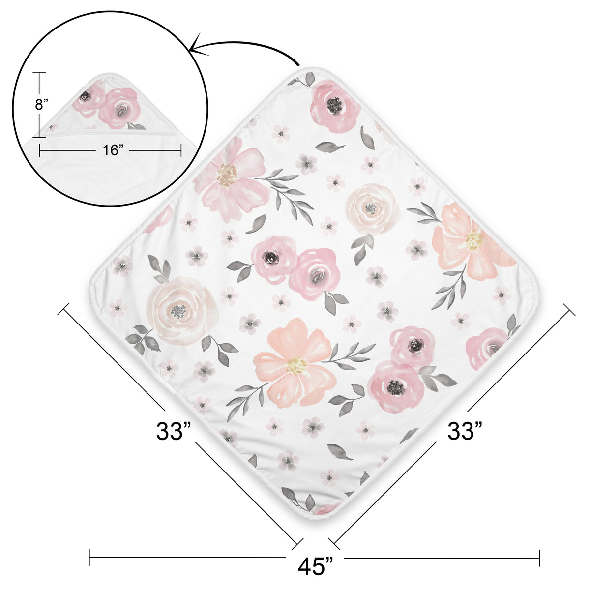 Watercolor Floral Pink and Grey Collection Hooded Baby Towels - Toddler Bath Towel