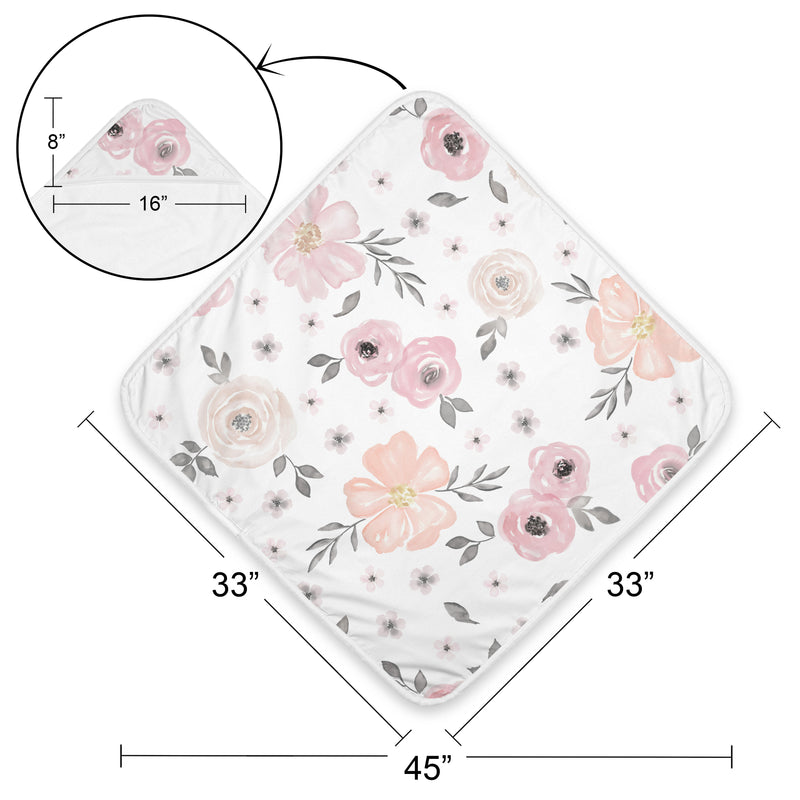 Watercolor Floral Pink and Grey Collection Hooded Baby Towels - Toddler Bath Towel