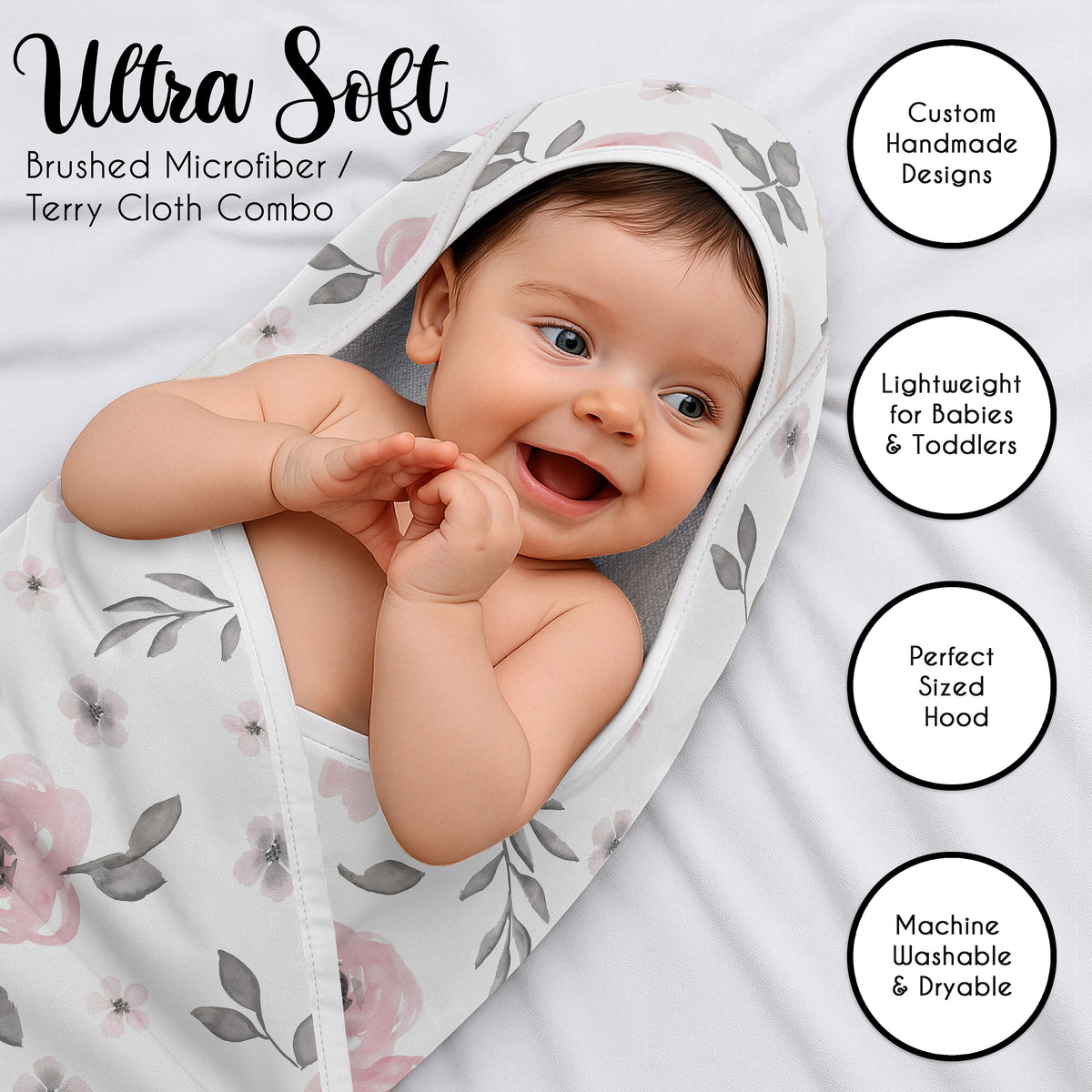 Watercolor Floral Pink and Grey Collection Hooded Baby Towels - Toddler Bath Towel
