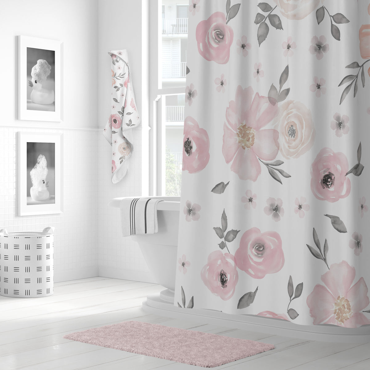 Watercolor Floral Pink and Grey Collection Hooded Baby Towels - Toddler Bath Towel