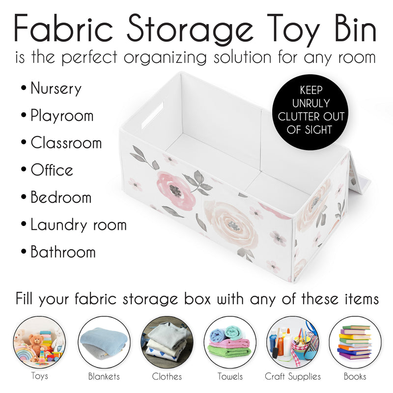 Watercolor Floral Pink And Grey Collection Fabric Toy Bin Storage