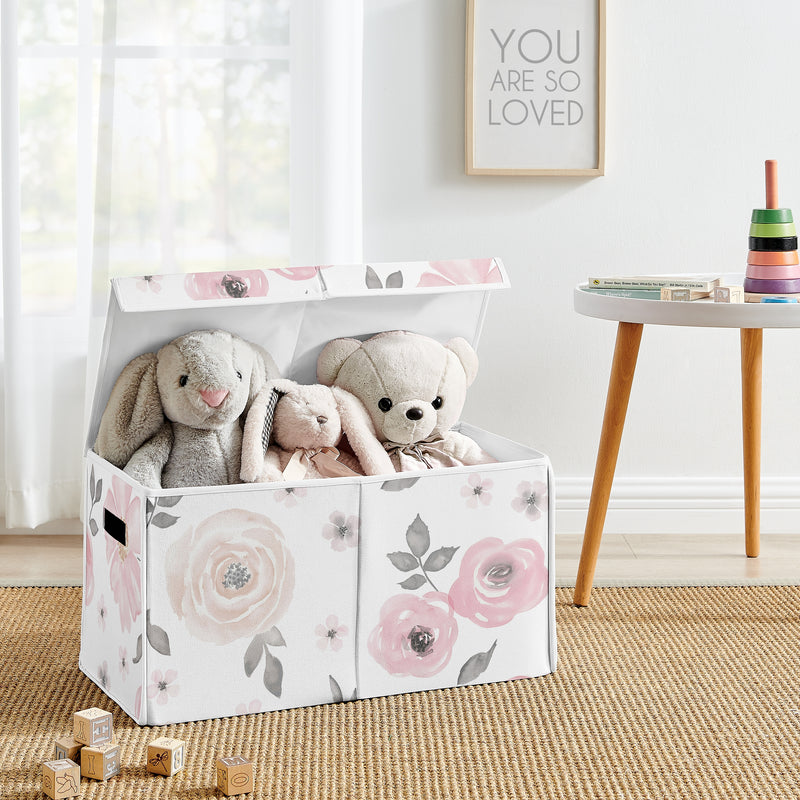 Watercolor Floral Pink And Grey Collection Fabric Toy Bin Storage