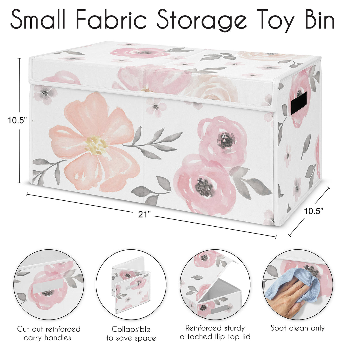 Watercolor Floral Pink And Grey Collection Fabric Toy Bin Storage