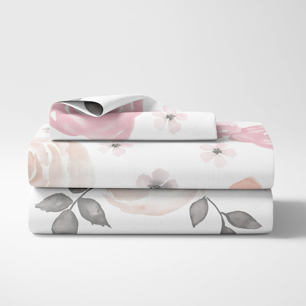 Watercolor Floral Pink and Grey Collection Twin Sheet Set alternate view