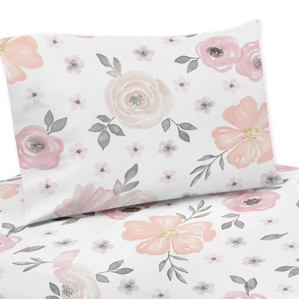 Watercolor Floral Pink and Grey Collection Twin Sheet Set