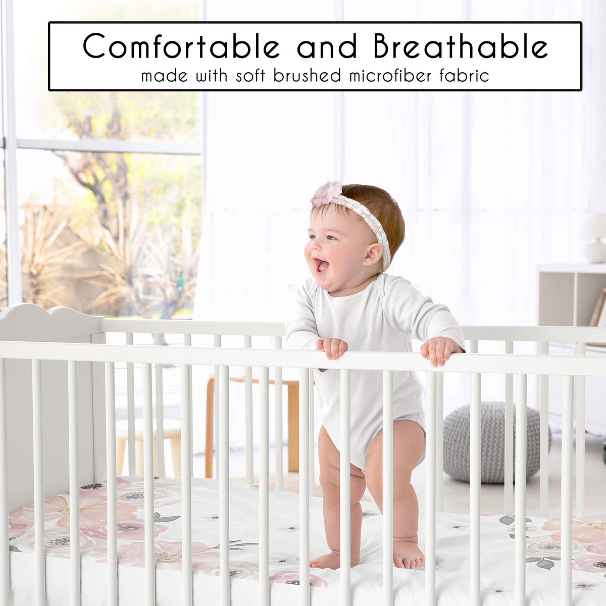 Watercolor Floral Pink And Grey Collection Crib Sheet - Photo Op Print