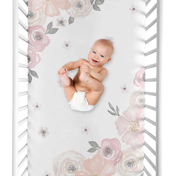 Watercolor Floral Pink And Grey Collection Crib Sheet - Photo Op Print