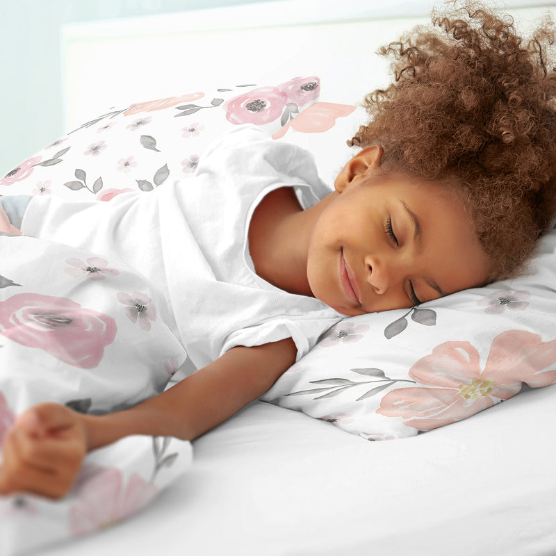 Watercolor Floral Pink and Grey Twin Bedding Collection