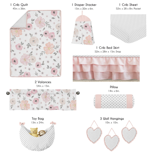 Watercolor Floral Pink and Grey 11 Piece Bumperless Crib Bedding Collection alternate view