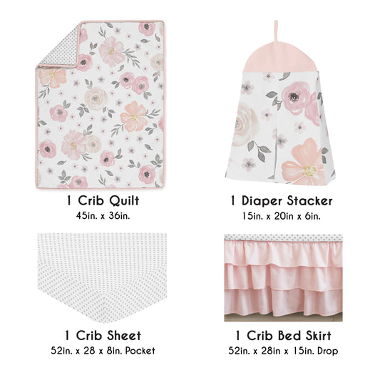 Watercolor Floral Pink and Grey Collection 4 Piece Crib Bedding
