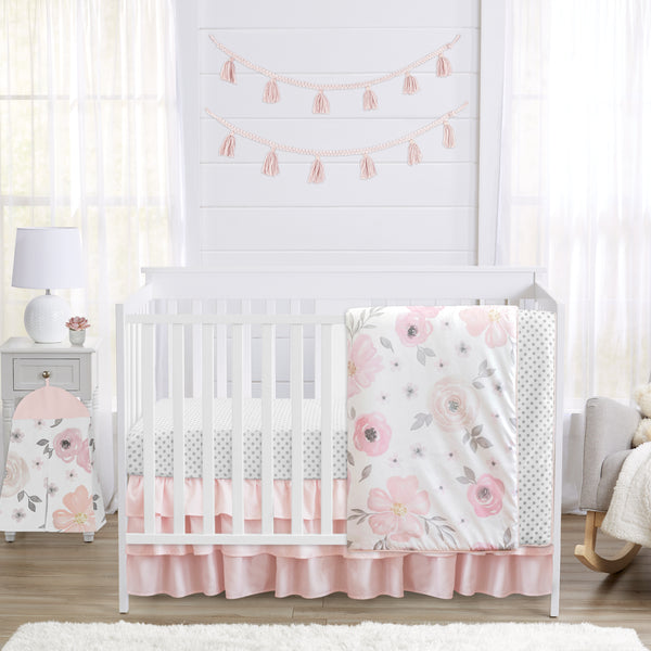 Watercolor Floral Pink and Grey Collection 4 Piece Crib Bedding