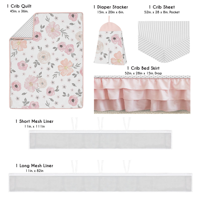 Watercolor Floral Pink and Grey Collection Sweet Jojo Designs 6 Piece Crib Bedding + BreathableBaby Breathable Mesh Liner