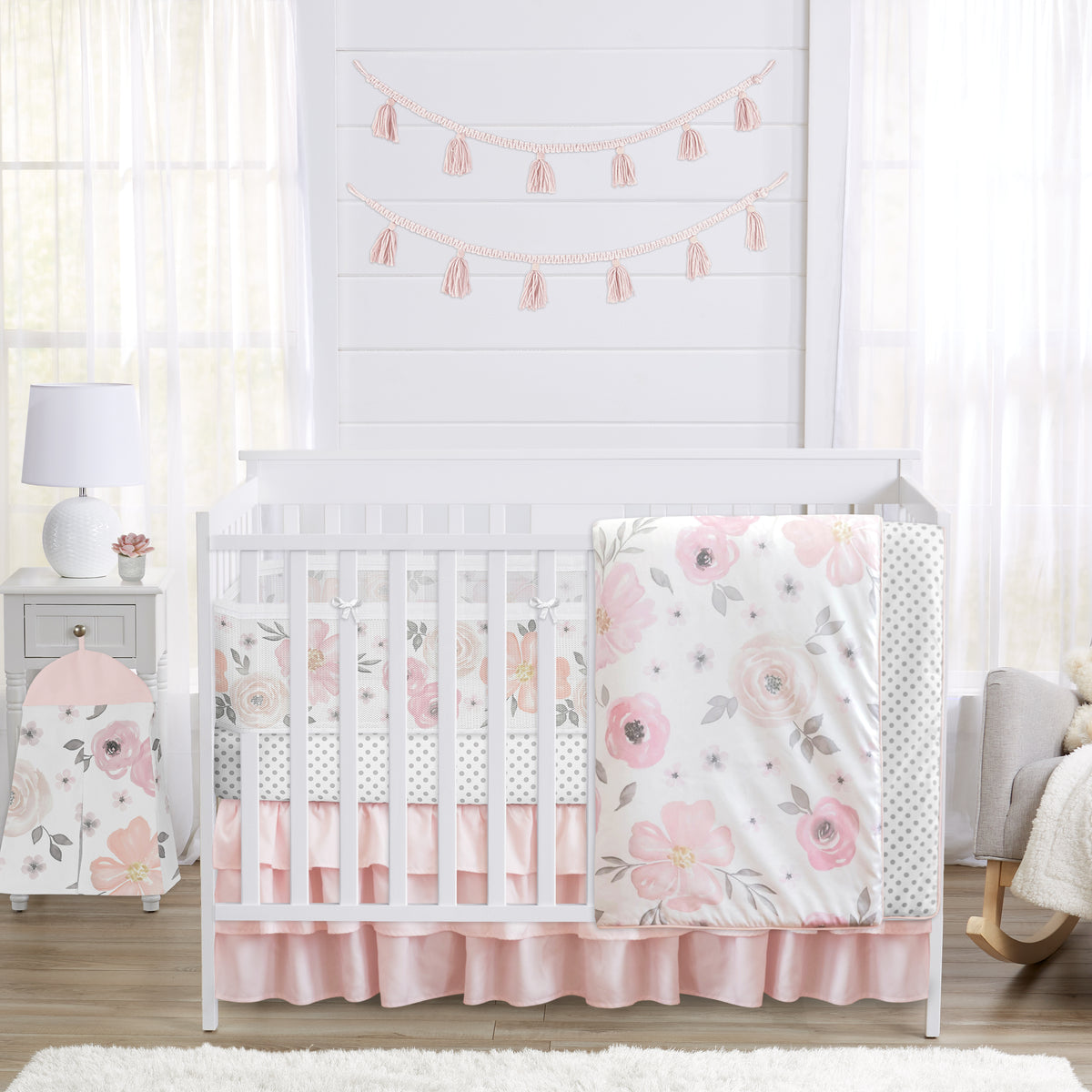 Watercolor Floral Pink and Grey Collection Sweet Jojo Designs 6 Piece Crib Bedding + BreathableBaby Breathable Mesh Liner