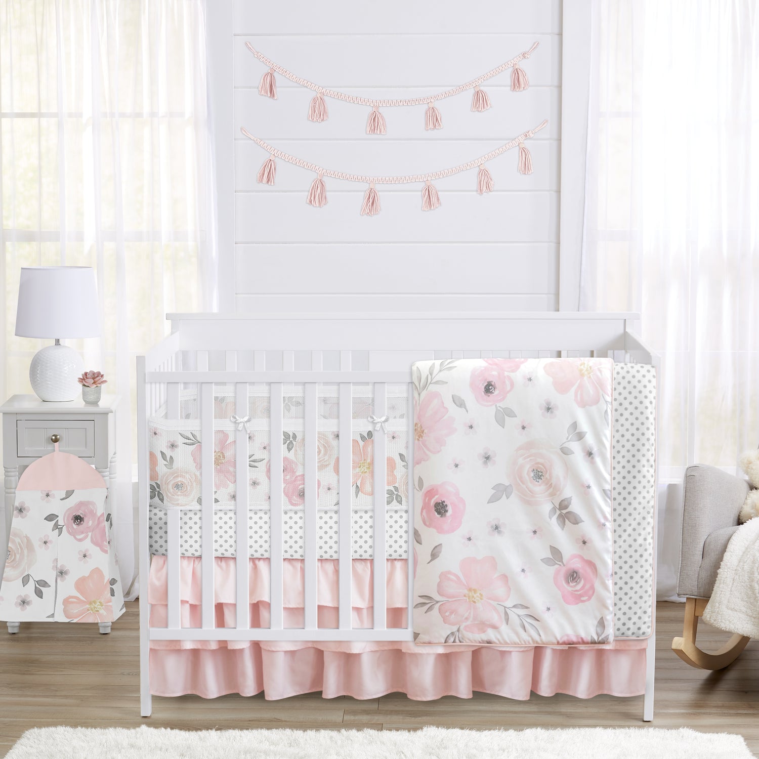 Watercolor Floral Pink and Grey Collection Sweet Jojo Designs 6 Piece Crib Bedding + BreathableBaby Breathable Mesh Liner