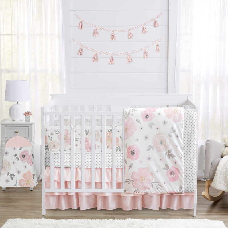 Watercolor Floral Pink and Grey Collection Sweet Jojo Designs 6 Piece Crib Bedding + BreathableBaby Breathable Mesh Liner