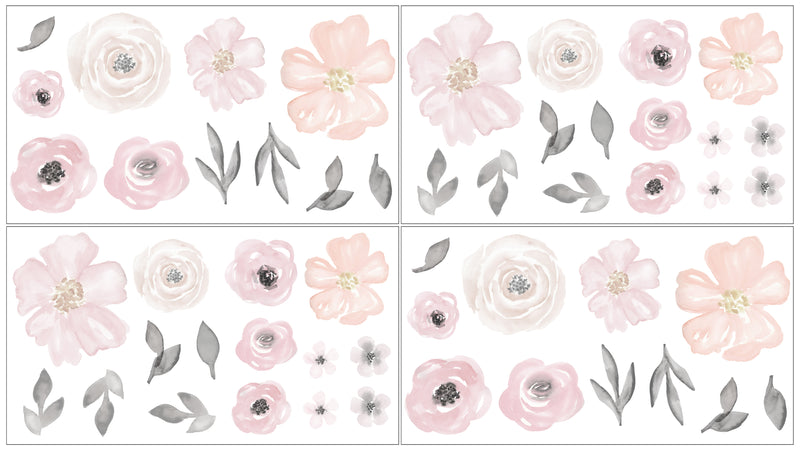 Watercolor Floral Pink and Grey Collection Peel and Stick Wall Decal Stickers - Set of 4 Sheets
