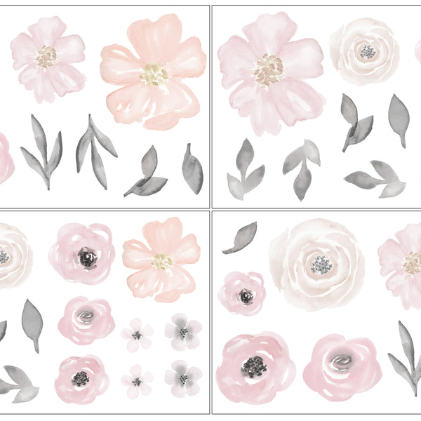 Watercolor Floral Pink and Grey Collection Peel and Stick Wall Decal Stickers - Set of 4 Sheets alternate view
