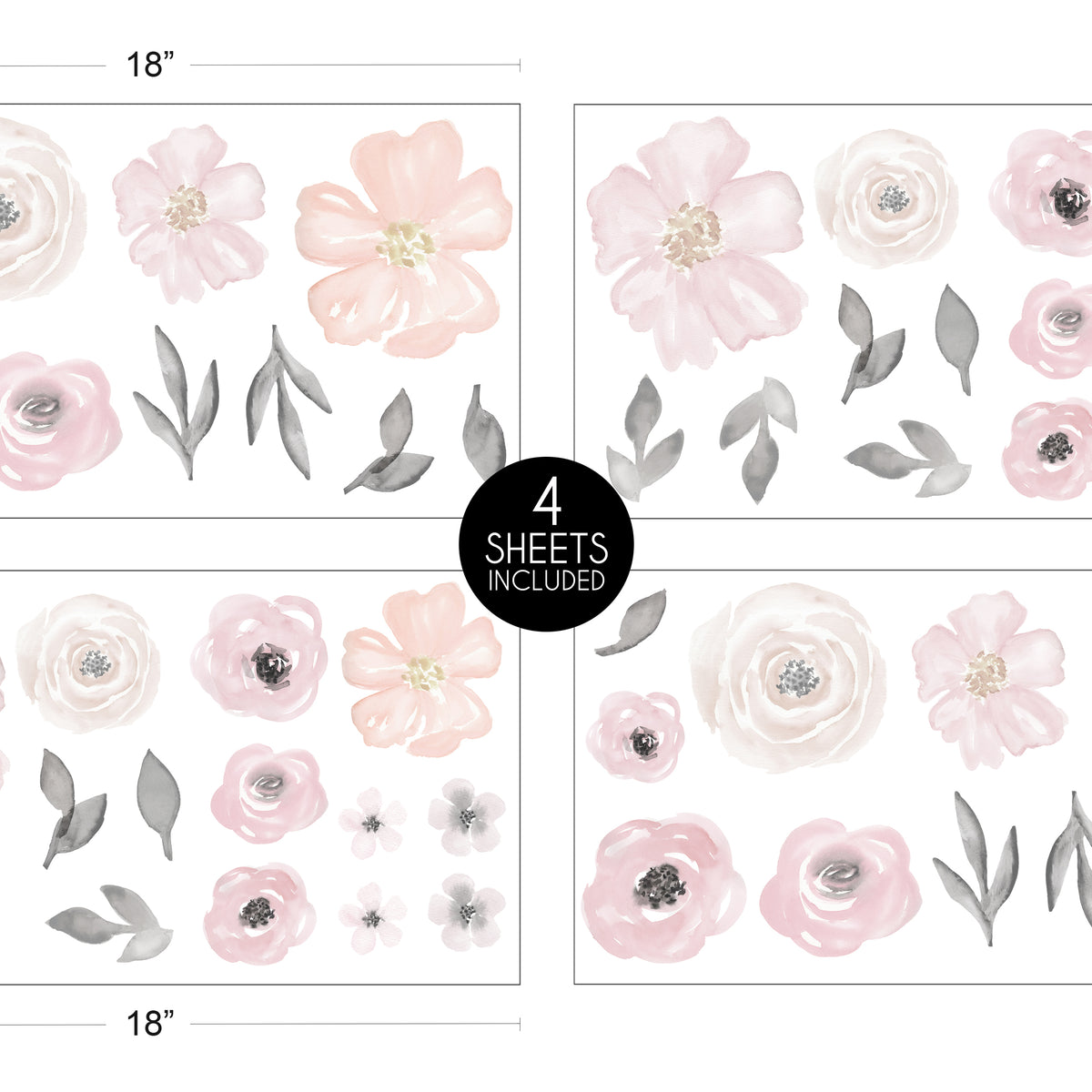 Watercolor Floral Pink and Grey Collection Peel and Stick Wall Decal Stickers - Set of 4 Sheets