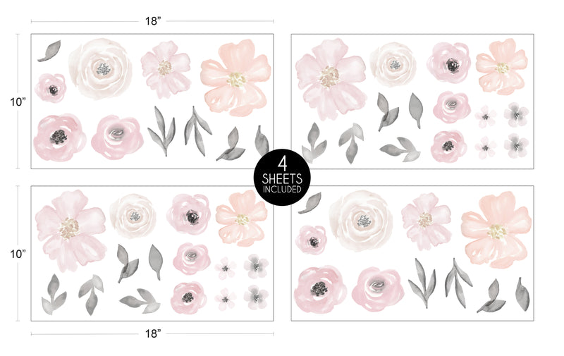 Watercolor Floral Pink and Grey Collection Peel and Stick Wall Decal Stickers - Set of 4 Sheets