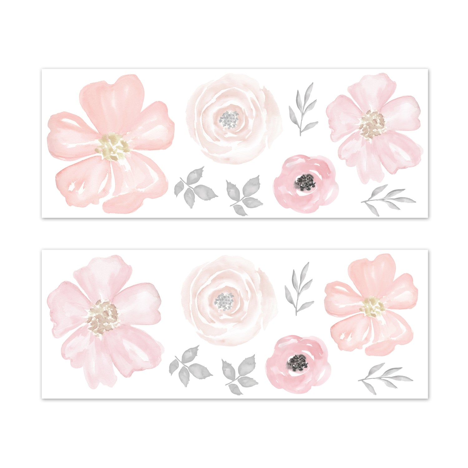 Watercolor Floral Pink and Grey Collection Large Wall Mural Decals Stickers - Set of 2 Sheets