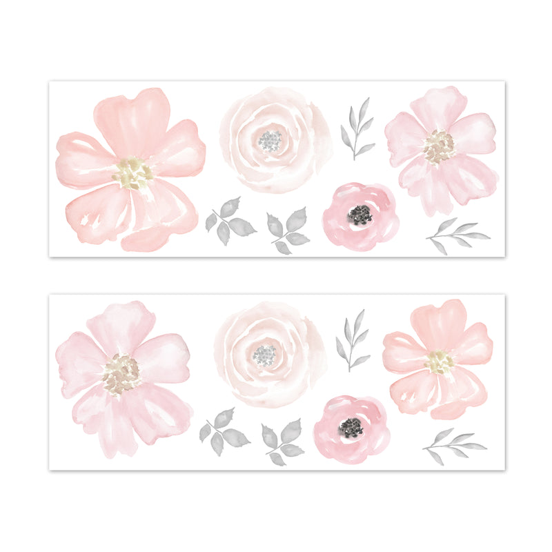 Watercolor Floral Pink and Grey Collection Large Wall Mural Decals Stickers - Set of 2 Sheets